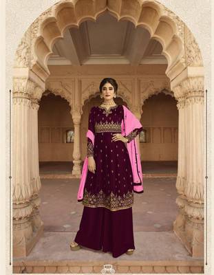 Magenta Wedding Wear Satin Georgette Plazo Suit 2