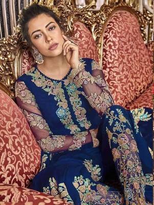 Dark Blue Wedding Wear Satin Anarkali Suit 1