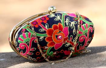 bagzVela Blue Kutch Embroidered Oval Box Clutch Purse 1