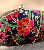 bagzVela Blue Kutch Embroidered Oval Box Clutch Purse
