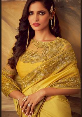 Yellow embroidered satin saree with blouse 2