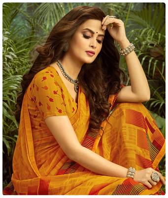  orange printed georgette saree with blouse 2