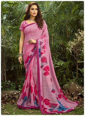  pink printed georgette saree with blouse 1