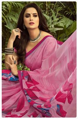  pink printed georgette saree with blouse 2
