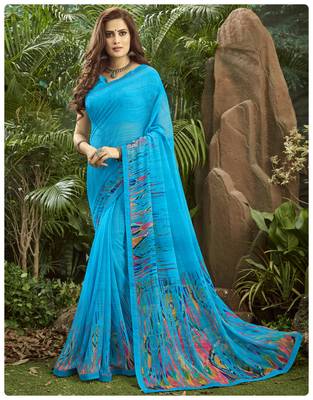 blue printed georgette saree with blouse 1