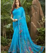  blue printed georgette saree with blouse