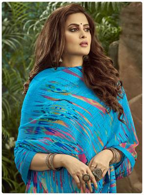  blue printed georgette saree with blouse 2