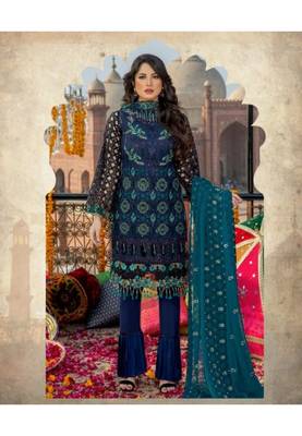 Dark-blue embroidered chiffon salwar 1