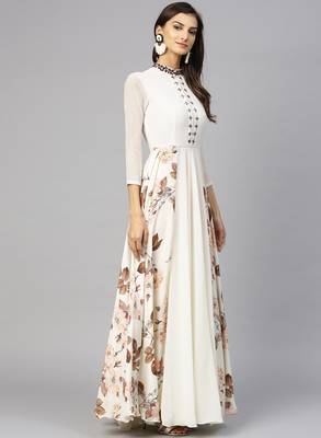 Off White Georgette Floral Printed Islamic Dress 2