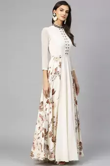 Off White Georgette Floral Printed Islamic Dress