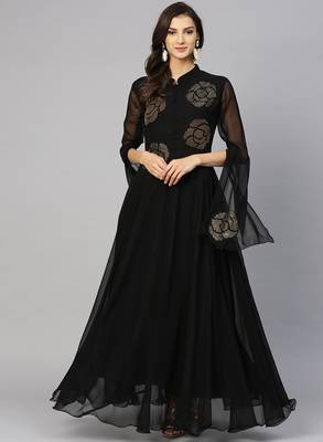 Black Georgette Embellished Flared Gown with Bell Sleeves 1