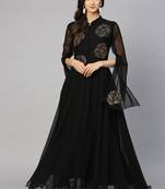 Black Georgette Embellished Flared Gown with Bell Sleeves