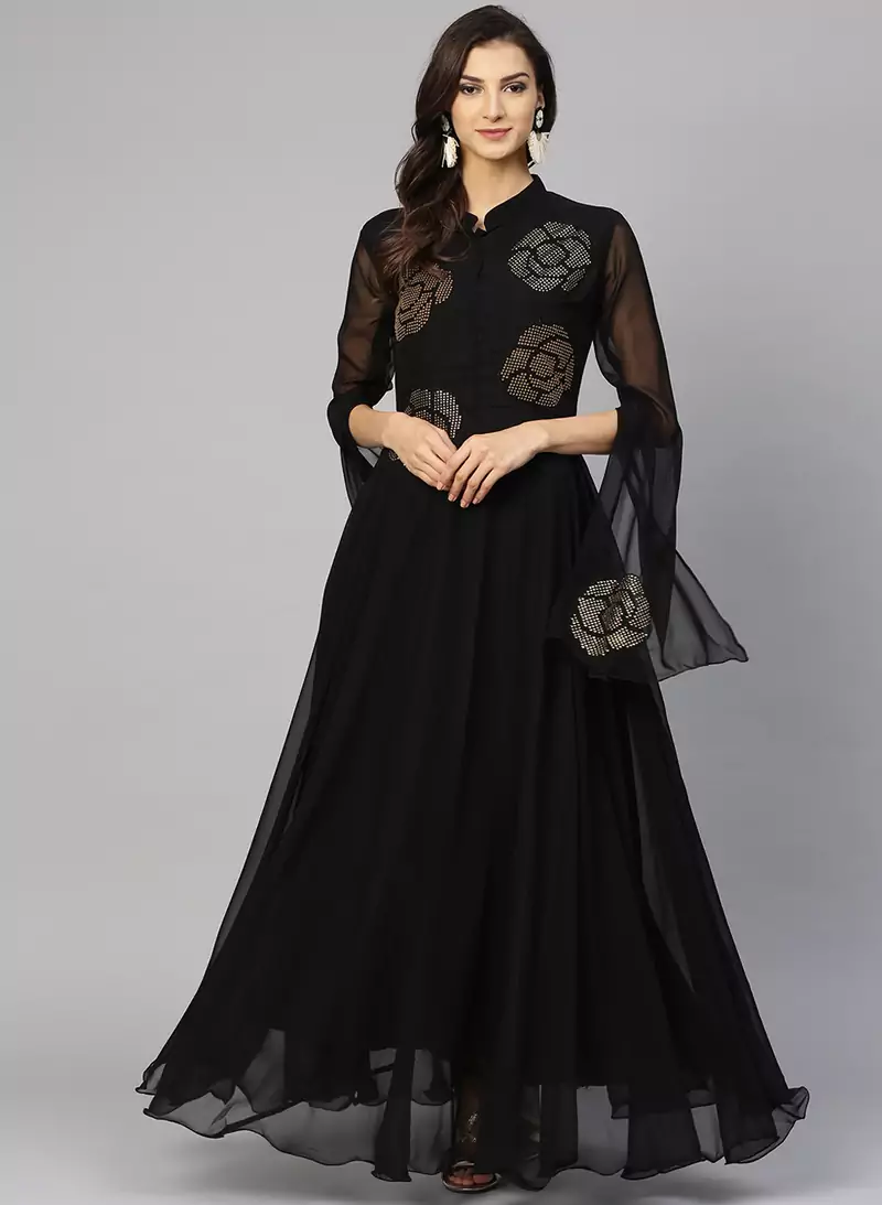 Black Embroidered Georgette Islamic Dresses