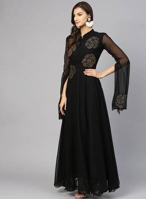 Black Georgette Embellished Flared Gown with Bell Sleeves 2