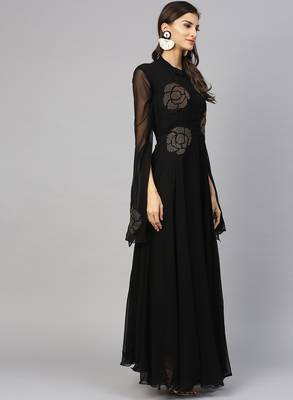 Black Georgette Embellished Flared Gown with Bell Sleeves 3