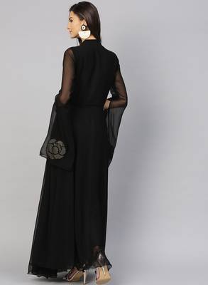Black Georgette Embellished Flared Gown with Bell Sleeves 4