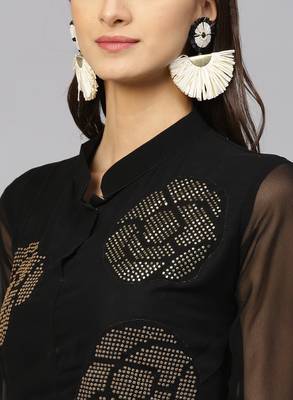Black Georgette Embellished Flared Gown with Bell Sleeves 5
