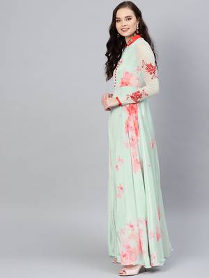 Sea-Green Printed Crepe Islamic Dresses 2