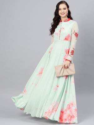 Sea-Green Printed Crepe Islamic Dresses 4
