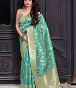 turquoise woven banarasi silk saree with blouse