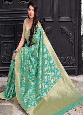 turquoise woven banarasi silk saree with blouse 2