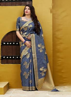Grey woven banarasi silk saree with blouse 1