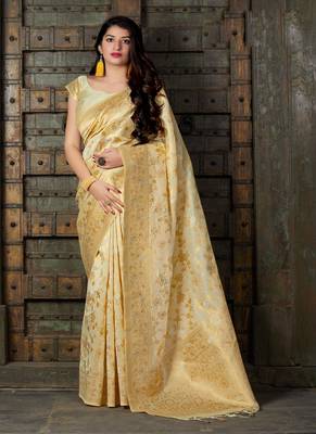 Cream woven banarasi silk saree with blouse 1