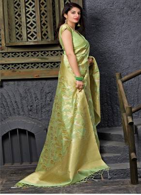   light green woven banarasi silk saree with blouse 2