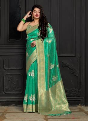   parrot green woven banarasi silk saree with blouse 1
