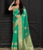   parrot green woven banarasi silk saree with blouse