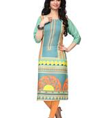 Turquoise printed crepe ethnic-kurtis
