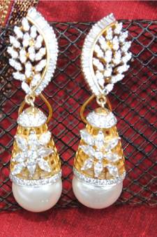Diamond Studded Dangler Drop Earrings with Pearl Drop