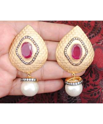 Ruby Studded Gold Dangler Earrings with Pearl Drop 1