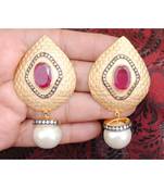 Ruby Studded Gold Dangler Earrings with Pearl Drop