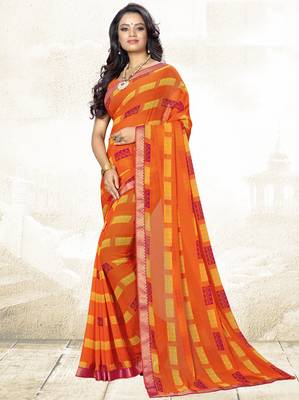  orange printed georgette saree with blouse 1