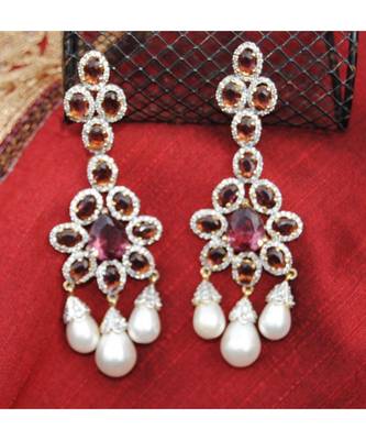 Wine Diamond Pearl Drop Dangler Earrings 1