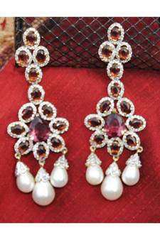 Wine Diamond Pearl Drop Dangler Earrings