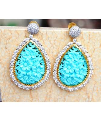 Blue Floral Carved American Diamond Dangler Earrings 1
