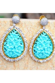 Blue Floral Carved American Diamond Dangler Earrings