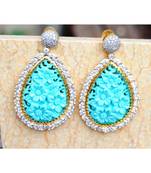 Blue Floral Carved American Diamond Dangler Earrings