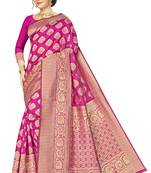 Pink woven banarasi silk saree with blouse