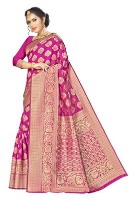 Pink woven banarasi silk saree with blouse 4
