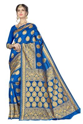 Blue woven banarasi silk saree with blouse 1