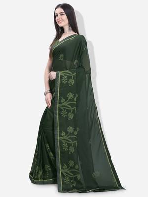Green printed georgette saree with blouse 2