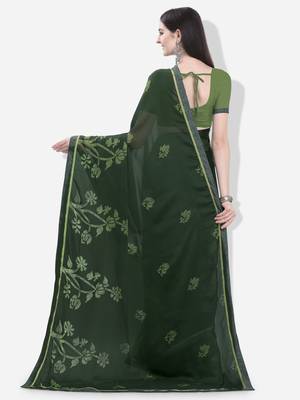 Green printed georgette saree with blouse 3