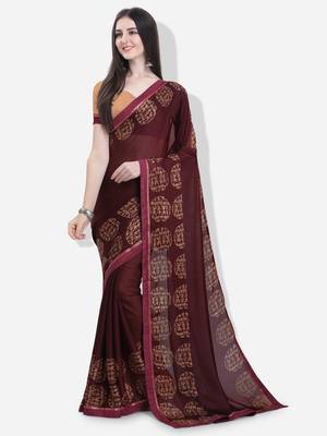 Brown printed georgette saree with blouse 1