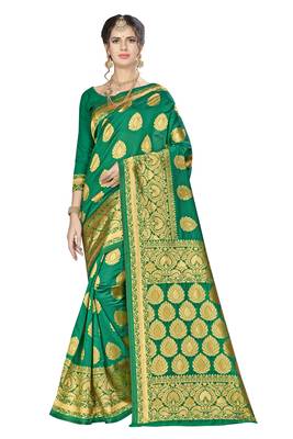 Green woven banarasi silk saree with blouse 1