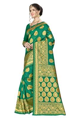 Green woven banarasi silk saree with blouse 5