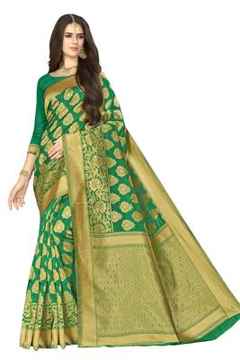 Green woven banarasi silk saree with blouse 1