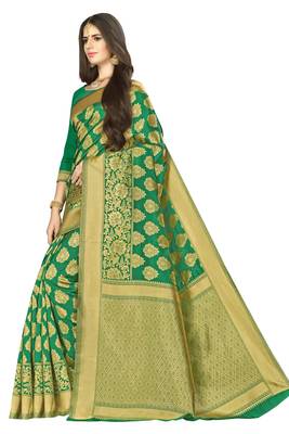 Green woven banarasi silk saree with blouse 5